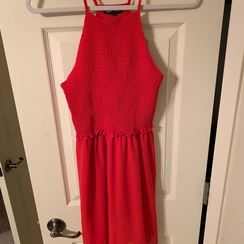 Red, above knee, high neck dress, size small